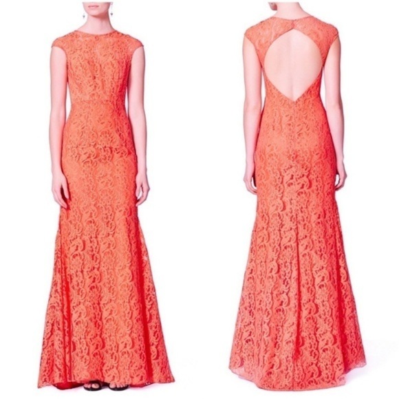 Monique Lhuillier Dresses & Skirts - Monique Lhuillier Sleeveless Open Back Lace Gown Poppy Orange Sz 8